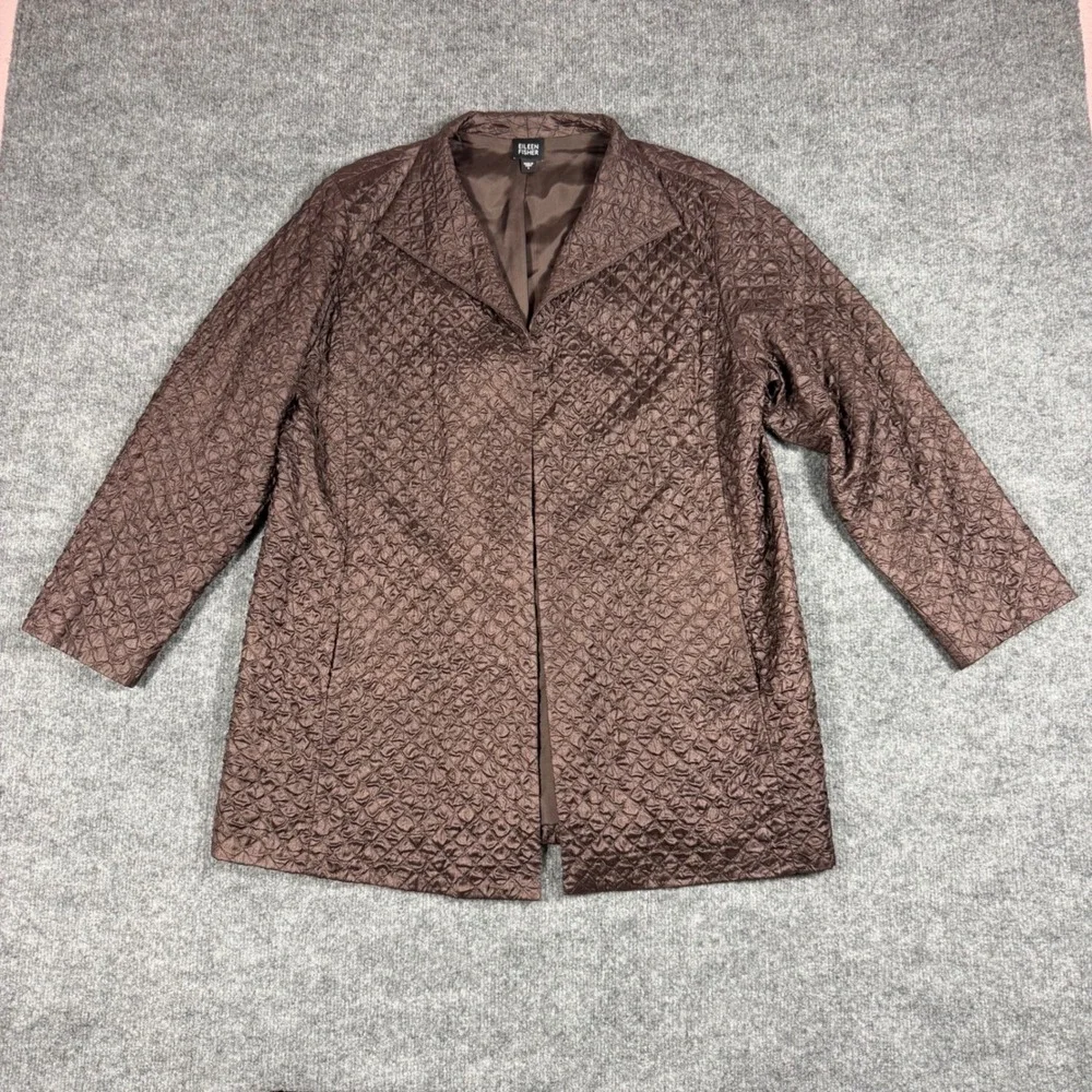 Eileen Fisher Wmn Quilted Tussah 100% Silk Jacket L Brown Minimalist EUC‎